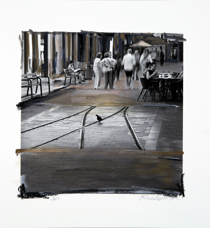 ONE DAY | LAS PALMAS No23 | Ralf Wehrle und Uwe Frank Mixed Media - Fine - Art - Print mit Kreide ca. 16,5x16,5 cm | gerahmt 30x30 cm mit Passepartout und schwarzem Holzrahmen  Original | Unikat | signiert  